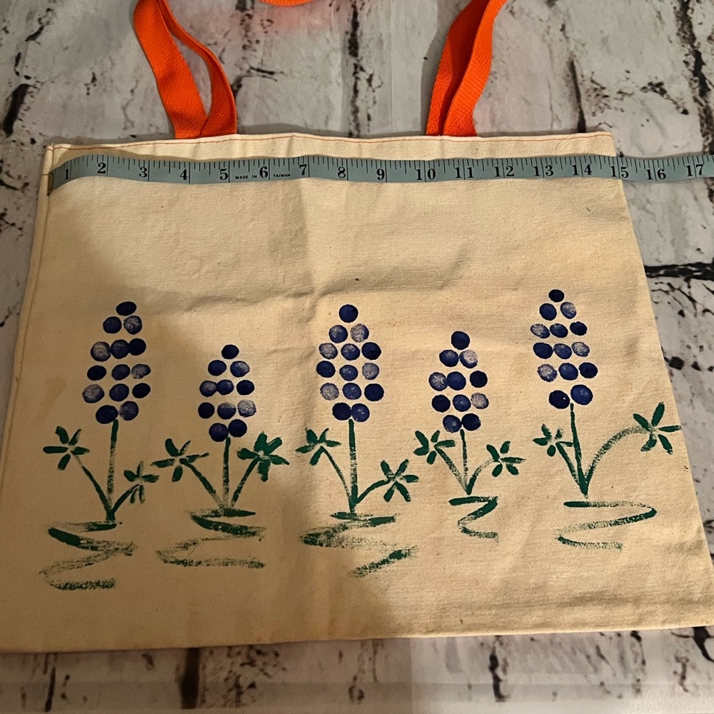 Bluebonnet Floral Canvas Tote Bag with Orange Handles